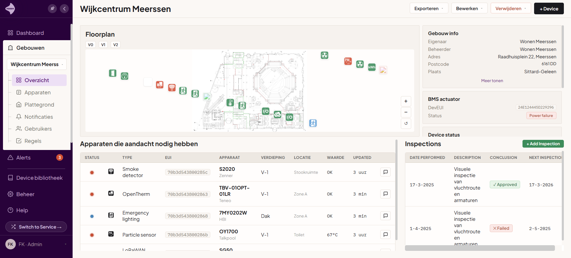Gebouwniveau overzicht: bekijk per gebouw de plattegrond, apparaatstatus, aandachtspunten en inspecties.