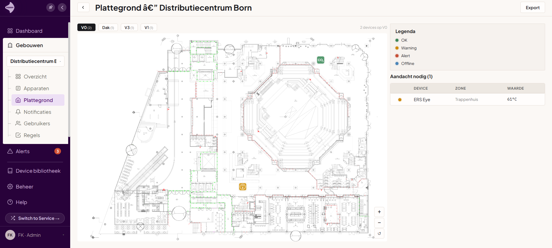 Gebouwniveau plattegrond: visualiseer apparaten, sensoren en meldingen direct op de gebouwplattegrond.